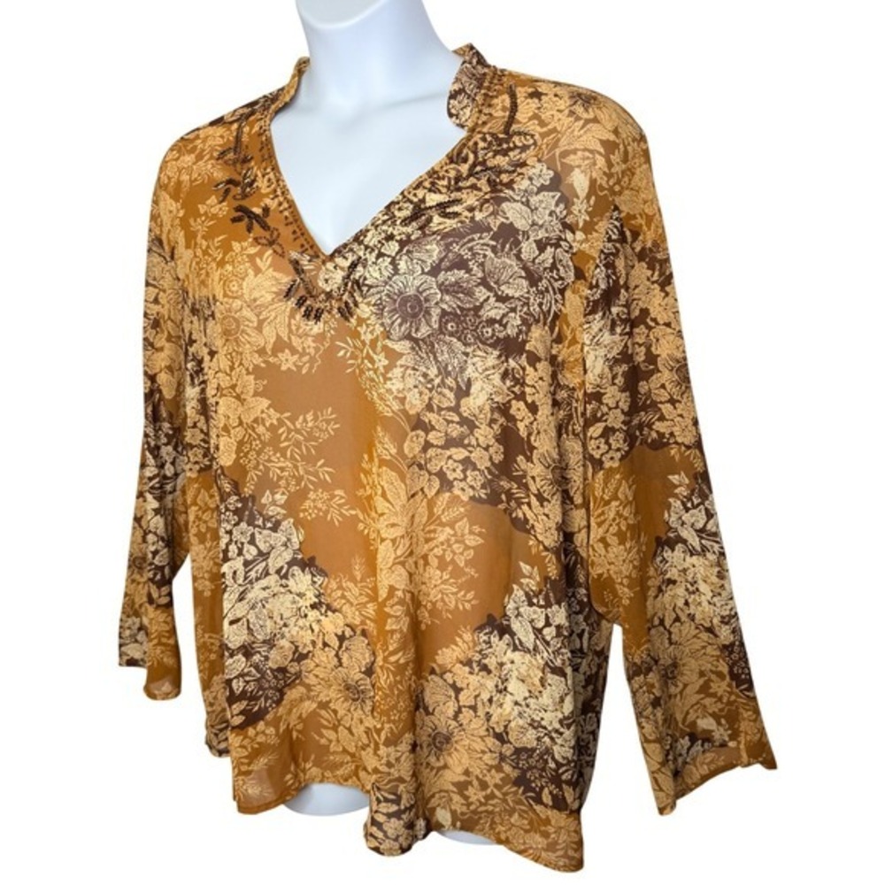 Blouse Women 26/28 Brown Long Sleeves Beaded Floral Sheer V-Neck Boho Officewear - Picture 4 of 7